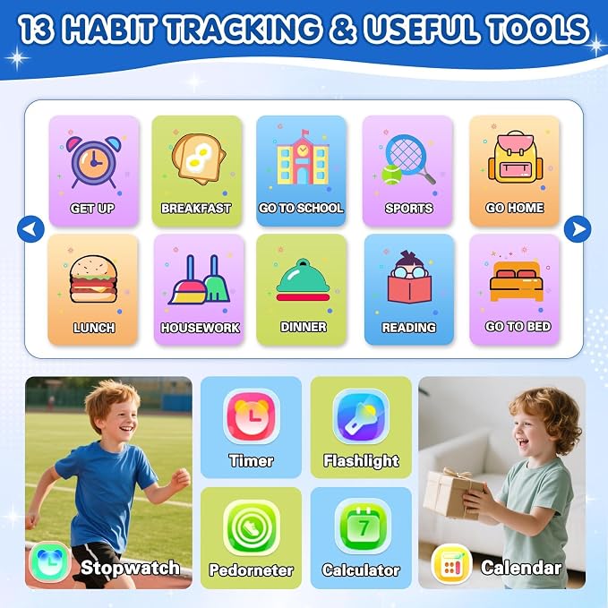 MOFGDNI Smart Watch for Kids with 39 Games Touchscreen Camera Video, Music Player, Pedometer, Calculator, Calendar, Stopwatch, Flashlight, Alarm Clock 12/24 hr, Birthday Gifts Toys for Boys Ages 3-12