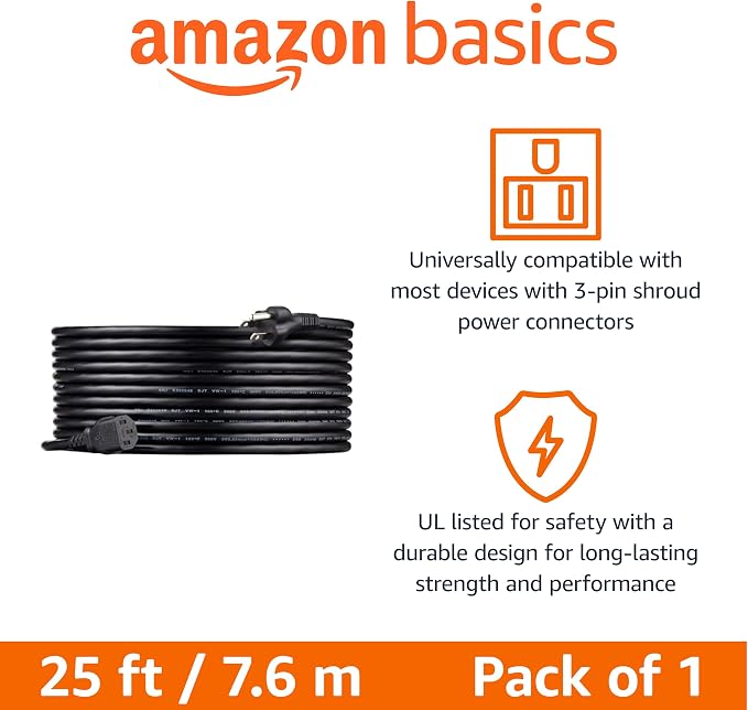 Amazon Basics Universal PC Power Cable, 25 Feet, NEMA 5-15P to IEC320C13, 3 Prong Plug, 18 AWG, 125 Volts, UL Listed, Black