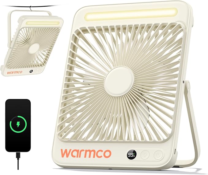 Warmco D4 Battery Powered Camping Fan 20000mAh, LED Lantern | Up To 48H Runtime, Ultra-Slim Quiet 8-Inch Fan, Digital Display & Hook For Tent, Bedroom, Outdoor & Travel