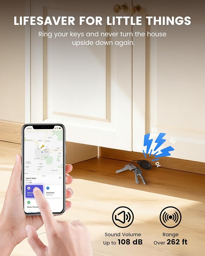4-Pack Tracker Tags for iOS (Not for Android), Louder Sound Key Finder with an Extra Replacement Battery, Item Finder Air Tracker Smart Tag for Keys, Wallet, Suitcase, Luggage