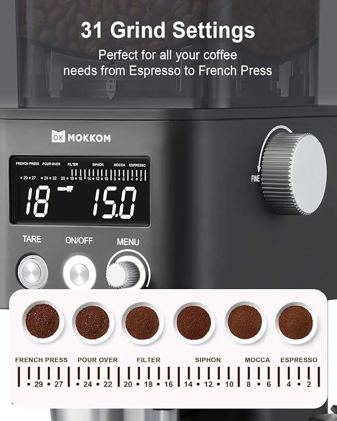 MOKKOM Electric Conical Burr Coffee Grinder with Removable Coffee Scale, Anti-static Coffee Bean Grinder, 31 Grind Settings and Precision Timer for Espresso Pour Over, French Press Black