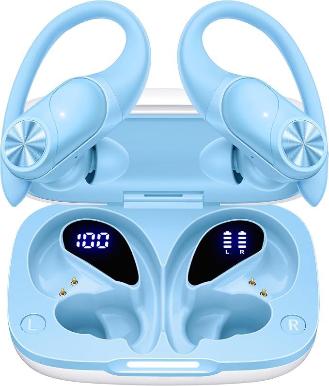 PocBuds Bluetooth Headphones Wireless Earbuds 80hrs Playtime Wireless Charging Case Digital Display Sports Ear Buds with Earhook Deep Bass IPX7 Waterproof Over-Ear Earphones for TV Phone Laptop Blue