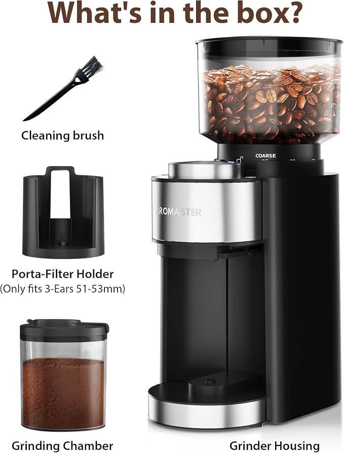 Aromaster Burr Coffee Grinder, Electric Conical Coffee Bean Grinder for Home Use, with 25 Grind Settings,3-Ears Portafilter Holder, Anti-static Design, Adjustable 2-12 Cups Timer, Cleaning Brush