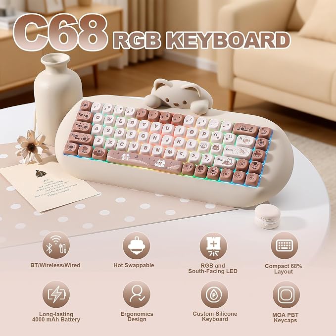 YUNZII C68 Wireless Mechanical Keyboard,65% Layout,Hot Swap,Triple Mode BT5.0/2.4G/Wired, RGB Backlit NKRO,Cute Cat Silicone Ergonomic Design for Win/Mac (Brown, Milk Switch)