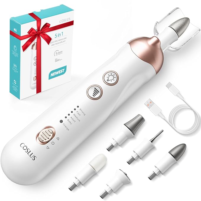 COSLUS C30 Professional Manicure Pedicure Kit, 5-in-1 Electric Nail File for Toenail Hand Feet - Standard Grinder for Basic Nails Care, Cordless, 5 Speed, for Men Women Seniors Home Salon, White