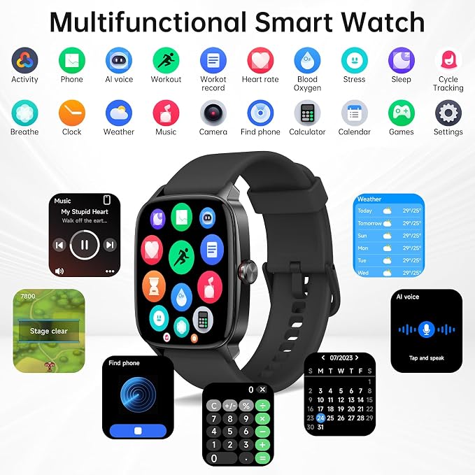 Smart Watches for Women Men with Bluetooth Call & AI Voice, 1.85" HD Fitness Tracker with Heart Rate SpO2 Sleep Monitor, 100+ Sports Modes,Mini Games, IP68 Waterproof Smartwatch for Android iOS Phones
