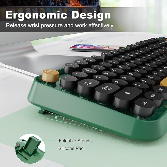 Wireless Keyboard and Mouse Combo Cute Colorful Keyboard and Mouse, Retro Typewriter Keyboard with 2.4GHz Plug & Play, for Windows 11/10/7, Laptop, PC (Dark Green)