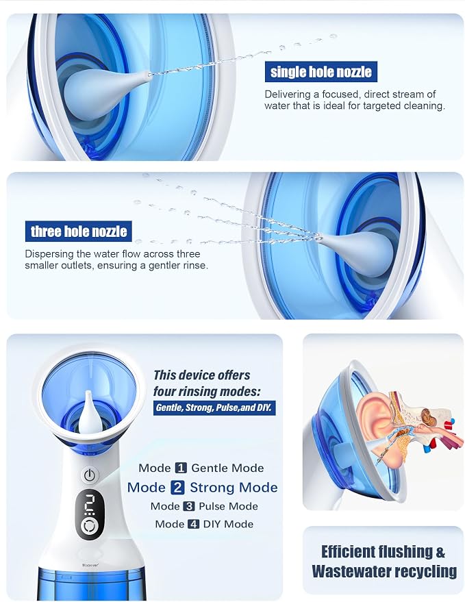 Electric Ear Wax Removal with One-Piece Waste Tank, Water Powered Ear Cleaner with 4 Pressure Modes for 199ml Earwax Remove at Home, USB-C Cable, IPX7 (199ml)