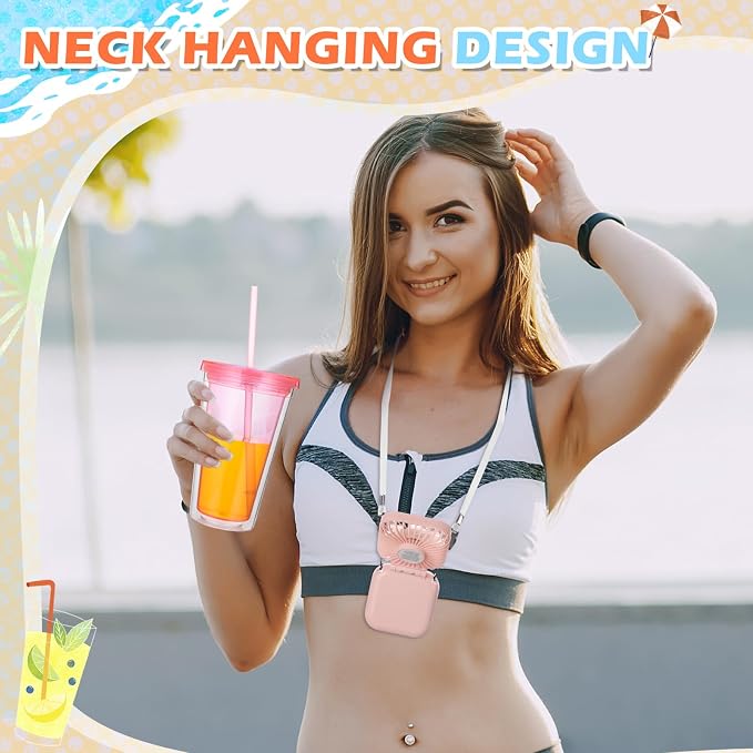 Skylety 12 Pcs Necklace Fans and Insulated Tumbler Set Portable USB Handheld Mini Necklace Fan with 3 Speed and 16 oz Insulated Double Wall Plastic Cups with Lid Straw for Women Men Summer Travel