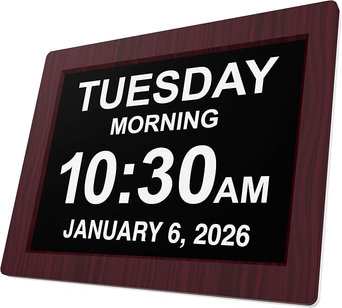 American Lifetime New 2026 Dementia Clock for Seniors, Alzeimer Clock Large Display with Custom Alarms, Clock with Day & Date for Elderly, Digital Calendar Premium Mahogany 12"