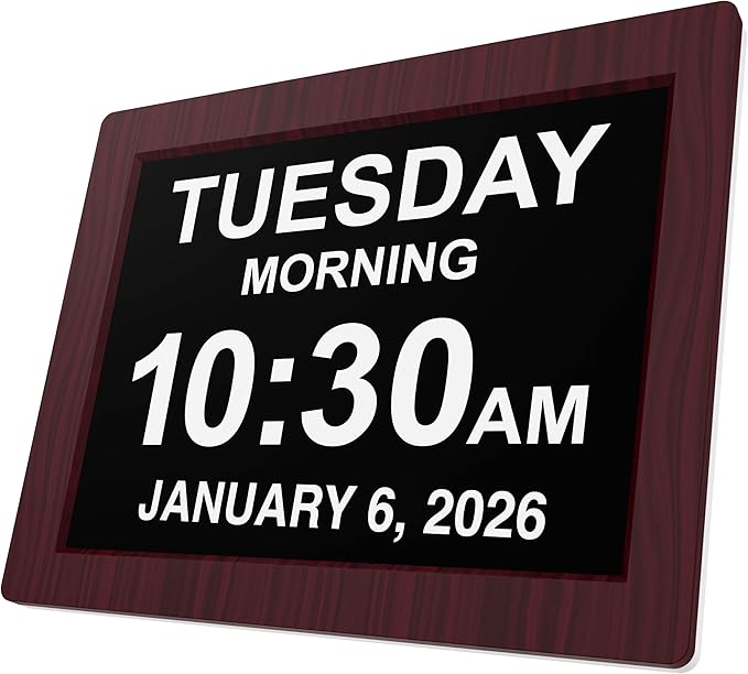 American Lifetime New 2026 Dementia Clock Large Digital Clock for Seniors, Alzeimer Clock Large Display with Custom Alarms, Clock with Day & Date for Elderly, Digital Calendar Premium Mahogany 12"