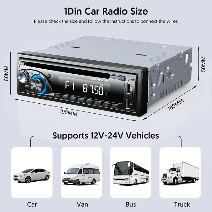 Car Radio Bluetooth with CD DVD Player, Wistrue Single Din FM/AM Car Stereo with CD Player, Support 2 USB/SD/AUX/7 Colors/Fits 9-24V Vehicles