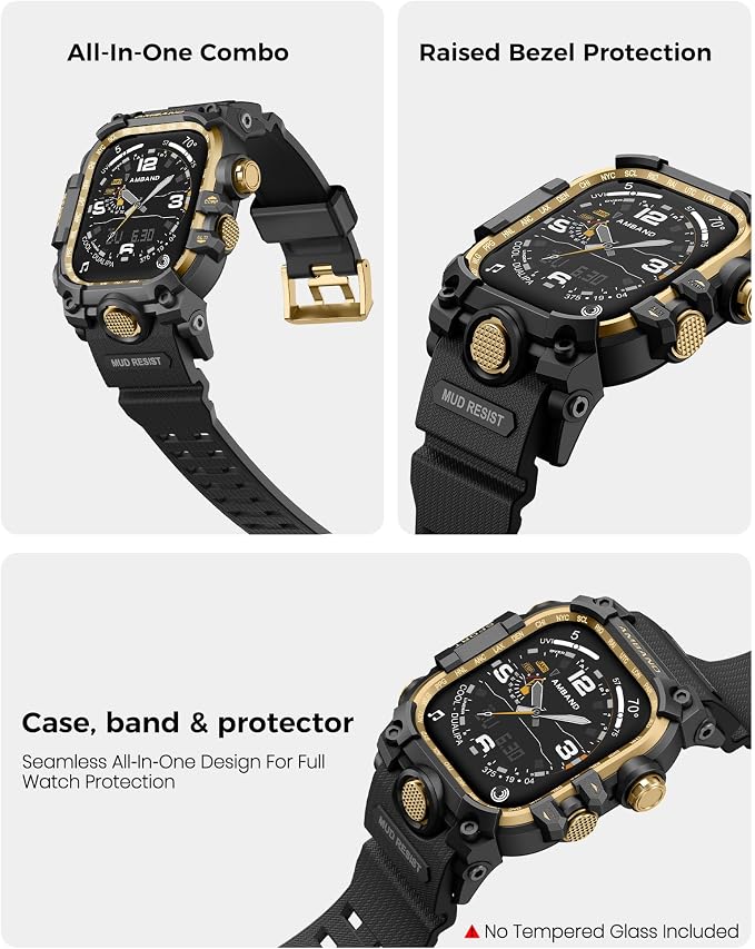 amBand Rugged Case with Band for Apple Watch 46mm, Compatible with Apple Watch (iWatch) Series 10 11, Military Grade Shockproof Bumper Cover, Tactical Band for Men, Black Gold