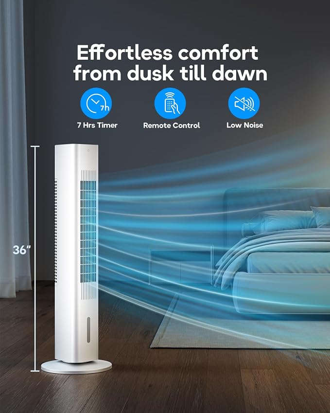 Evaporative Air Cooler, 36-inch Oscillating Tower Fans that Blow Cold Air, Portable Air Conditioner with Remote, AC Unit, Humidifier, Swamp Cooler for Indoor, Chalky