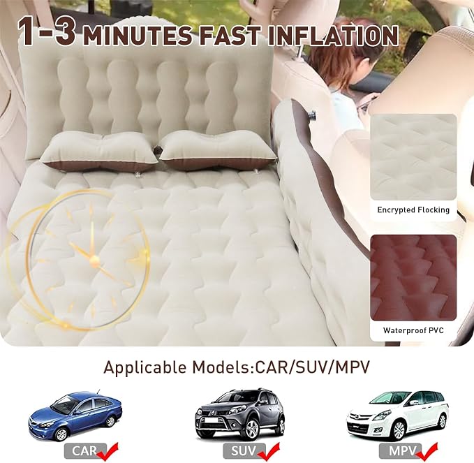 Car Bed SUV Air Mattress, Car Air Mattress with Electric Pump, 2 Inflatable Pillows and 2 Footrests for Back Seat, Side Seat,Trunk Sleeping, Thickened Camping Bed - Brown