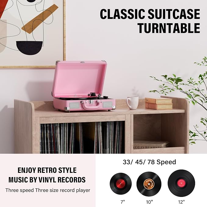 Vinyl Record Player 3-Speed Bluetooth Suitcase Portable Belt-Driven Record Player with Built-in Speakers RCA Line Out AUX in Headphone Jack Vintage Turntable,Pink