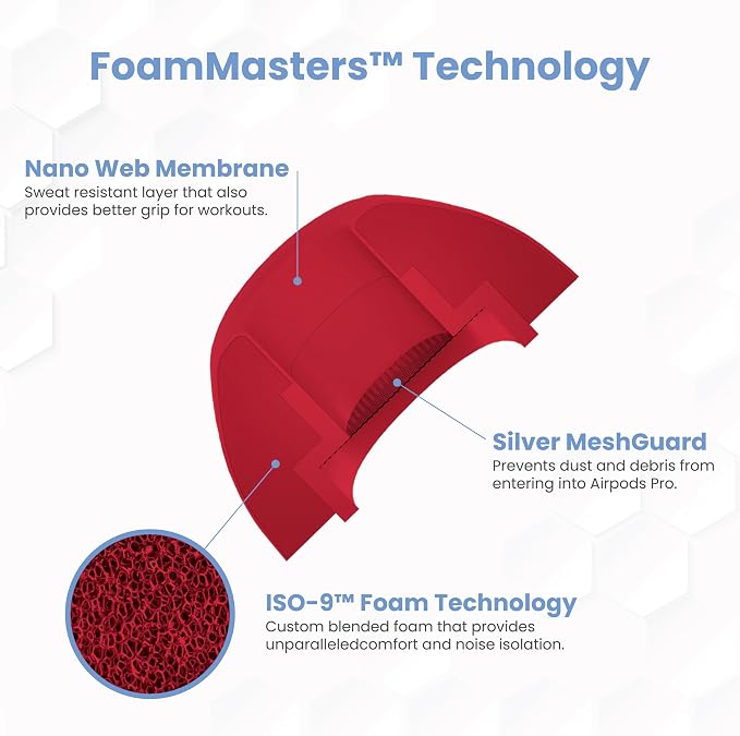 Foam Masters Ultra-Premium Memory Foam Ear Tips for AirPods Pro 3rd Gen (2025) | 3 Pairs | New Ver. | Secure Fit | Super Comfort | Better Noise Cancel | Replacement Buds (Assorted S/M/L, Red)