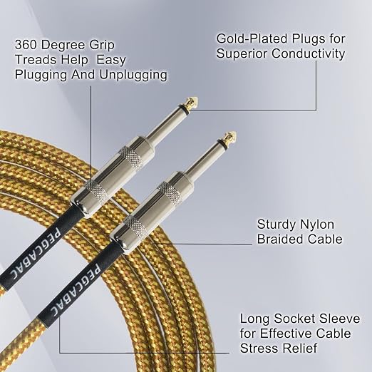1/4 Inch TS Instrument Cable 20ft 2-Pack,Straight 6.35mm Male Jack Stereo Tip Gold Plated Audio Interconnect Cord for Electric Guitar,Bass,Keyboard,Mixer,Amplifier,Amp,Speaker,Equalizer