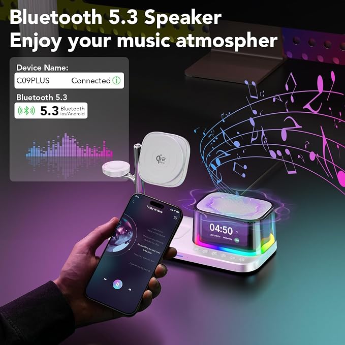 Alarm Clock with Wireless Charging,7 in 1 Charging Station with Night Light,Bluetooth Speakers,Qi2.2 25W Magnetic Charger for iPhone 17 16 15 14 13 12 Pro Max Plus Apple Watch Airpods,Bedroom