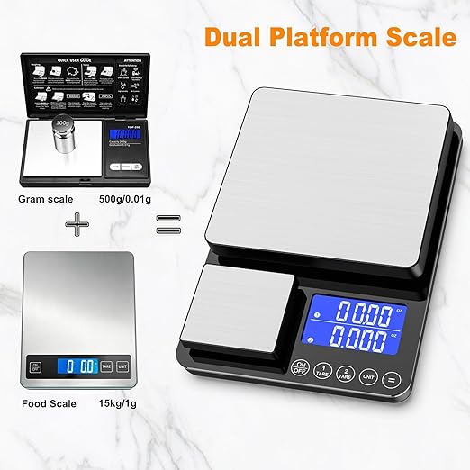 KKZ 0.001oz/33lb Kitchen Scale, Dual Platform Food Scale Grams and Ounces Rechargeable for Weight Loss Baking Cooking Meal Prep Sourdough Bread, Stainless Steel