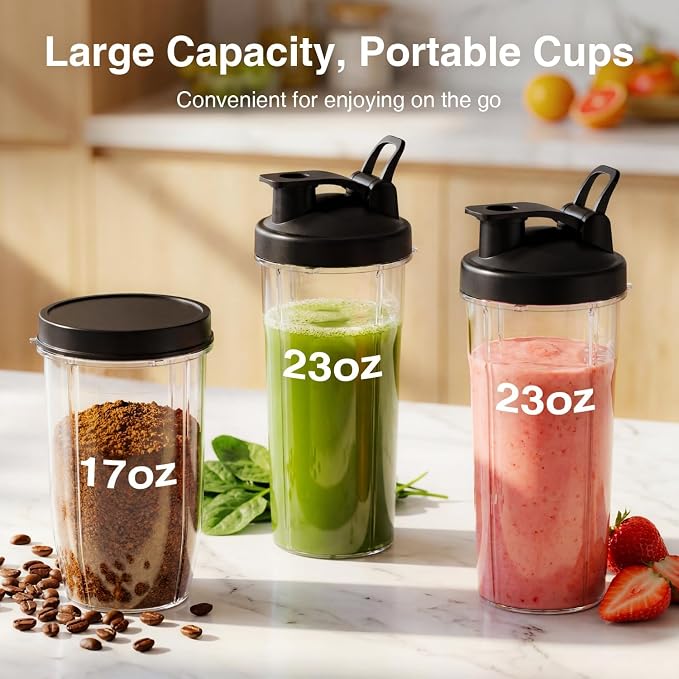 KOIOS Smoothie Blender for Kitchen, 900W Personal Blender for Smoothies Shakes 14pcs with 3 Portable Cups 23oz + 17oz, Single Serve Smoothies Maker Mixer for Juices Frozen Drinks, Grey Blue