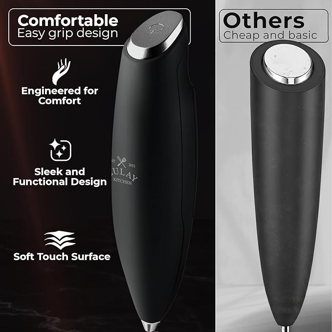 Zulay Kitchen Powerful Milk Frother Wand With Duracell Batteries - Ultra Fast Handheld Drink Mixer - Electric Whisk Foam Maker for Coffee, Lattes, Cappuccino & Matcha - Triple Whisk - Black