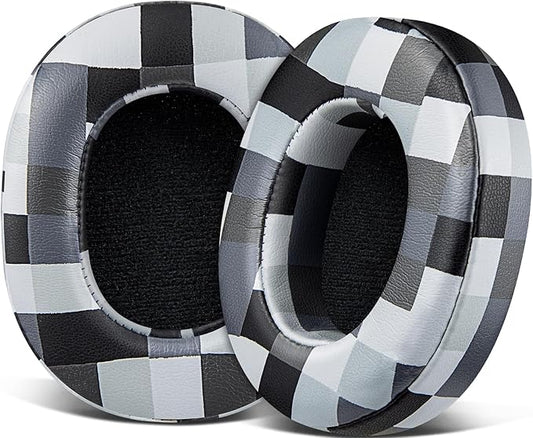 SOULWIT Replacement Earpads for Skullcandy Hesh 3/ANC/Evo & Crusher Wireless/ANC/Evo & Venue ANC Over-Ear Headphones, Ear Pads Cushions with Protein Leather, Noise Isolation Foam - Black&Gray Grid