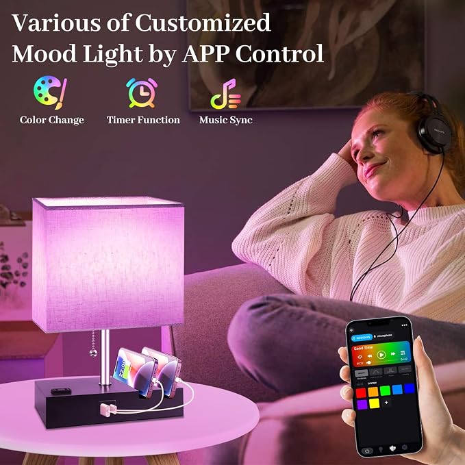 Smart RGB Dimmable Table Lamp Compatible with Alexa&APP&Remote Control, Bedside Desk Lamp with Charging Ports&Outlet&Phone Stand, Music Sync Nightstand Lamp for Bedroom Living Room Office Dorm, Beige
