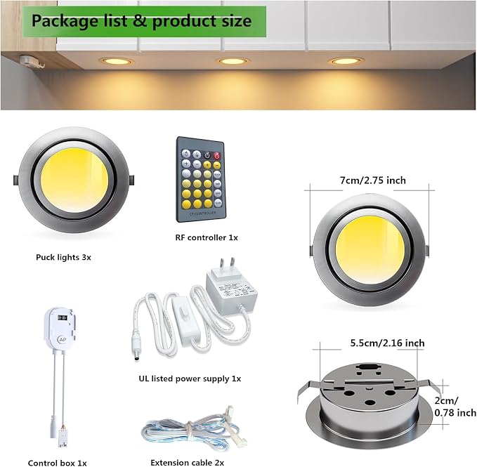Smart Puck Lights 2700-6500k Tunable Under Cabinet Lighting with Alexa,Google Home,App & Remote Control, LED Puck Light Dimmable for Kitchen,Shelf,Workbench,RV Ceiling,Recess Mount,12V,2W/pc,3pcs