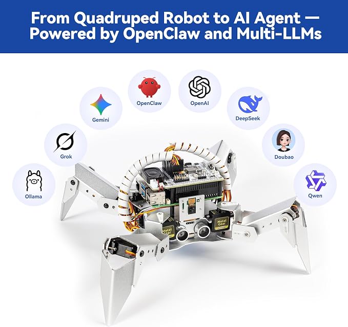 SunFounder PiCrawler AI Robot Kit for Raspberry Pi 5/4/3B+/Zero 2W, Openclaw LLMs ChatGPT/Gemini/Grok, Voice&Video Recognition, Python/Scratch, Mic, Camera (RPI NOT Included)