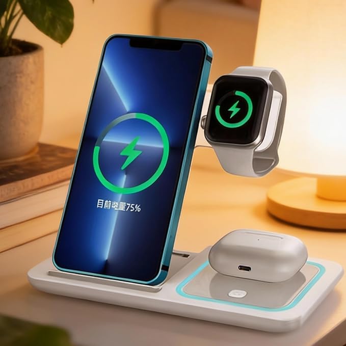 3-in-1 Foldable Wireless Charger with Night Light - 15W Fast Wireless Charger for Simultaneous Charging of Phone, Watch & Earbuds, Compatible with All Qi-Certified Devices,X455 White.