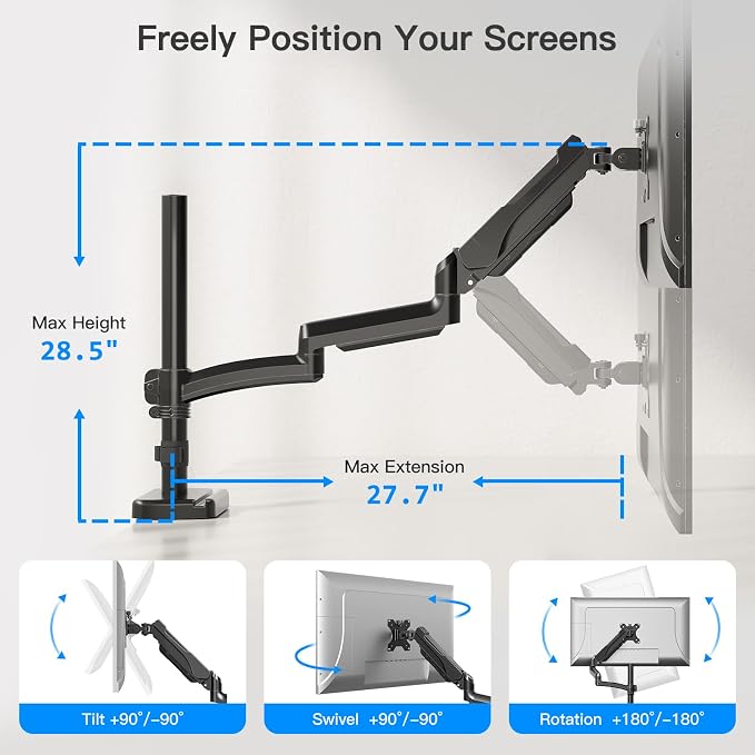 Long Arm Monitor Mount, 13 to 32 inch Computer Desk Mount, Extra Long Adjustable Stand, Hold up to 19.8lbs, Tall Arm with Tilt, Swivel, Rotation, VESA 75/100mm