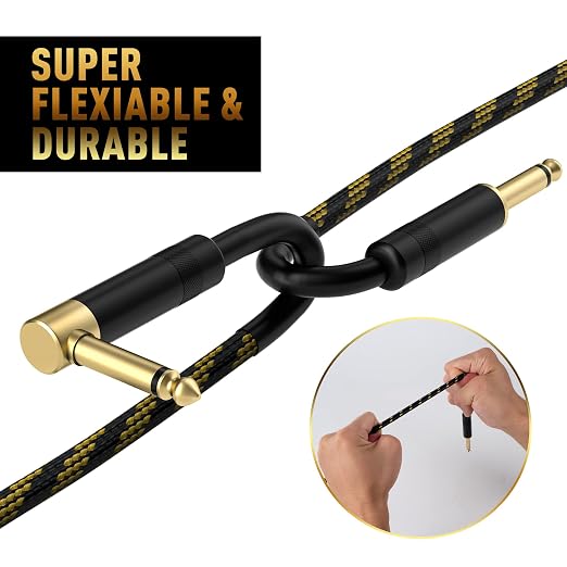 Guitar Cable 12 Ft/2 Pack-Right Angle+Straight to Straight Instrument Cable-90 Degree 1/4 Inch TS Electric Bass Guitar Cord-Gold Plated Nylon Braided Amp Cable 6.35mm Male with 6 Guitar Picks+5 Ties