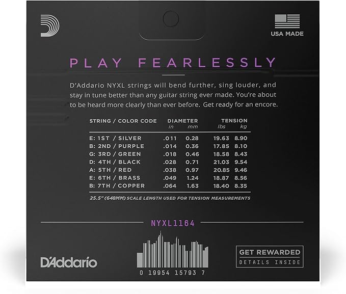 D'Addario Electric Guitar Strings, NYXL Nickel Plated, NYXL1164, Medium Gauge 11-64, 7-String Set, Pack of 1