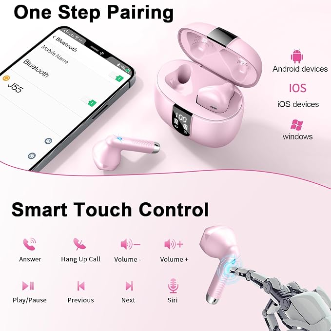 Wireless Earbuds, Bluetooth Headphones V5.4 Stereo Bass Ear Buds with ENC Noise Cancelling Mics,56H Bluetooth Earbuds with LED Display Charging Case, IP7 Waterproof Earphones for Android iOS【Mini】