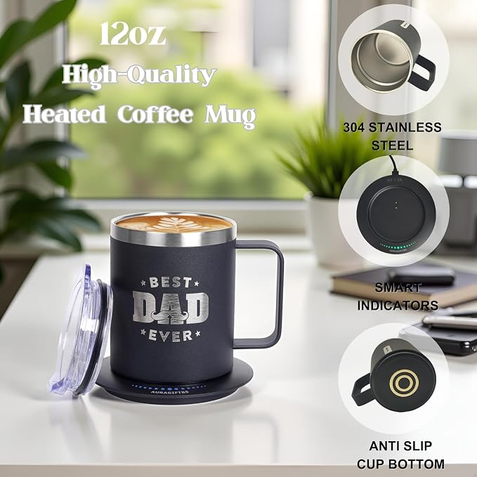 Birthday Gifts for Dad, 12oz Funny Heated Coffee Mug for Dad with BEST DAD EVER, Electric Coffee Cup with Warmer Set, Ideal Valentines Father Day Gifts from Wife Daughter Son (Black -12oz)