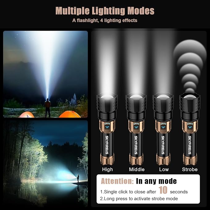 SKYFIRE Rechargeable Flashlights High Lumens,10000 Super Bright Flashlight Zoomable 4Modes Waterproof LED Tactical Flash Light for Camping Essentials,Outdoor and Home Emergencies-No Lens