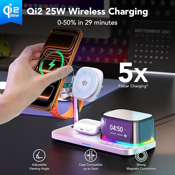 Alarm Clock with Wireless Charging,7 in 1 Charging Station with Night Light,Bluetooth Speakers,Qi2.2 25W Magnetic Charger for iPhone 17 16 15 14 13 12 Pro Max Plus Apple Watch Airpods,Bedroom