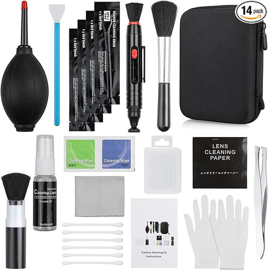14-in-1 Camera Lens Cleaning Kit - Mirrorless & DSLR Sensor Cleaning Kit for Canon, Sony, Nikon Including Lens Blower, Detergent, Swabs, Cloth, Pen, Brush