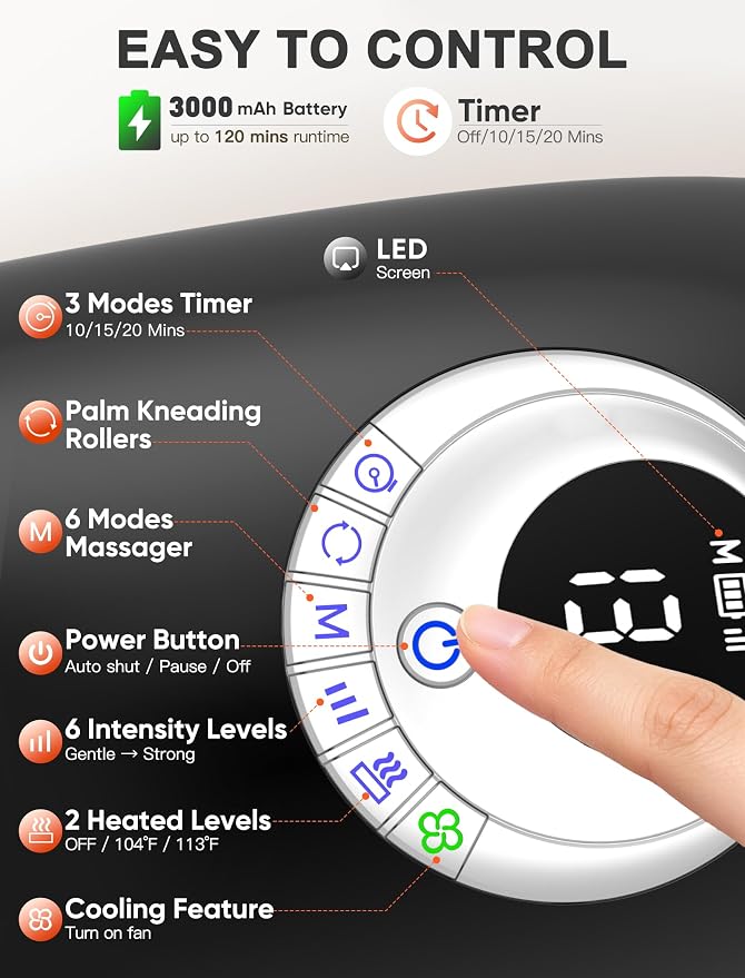 JZBRAIN Hand Massager with Heat and Compression : Full Hand & Wrist Massage, Cordless Electric Hand Massager with 6 Modes & 6 Intensities for Seniors, Office Daily Comfort & Relaxation (Black)