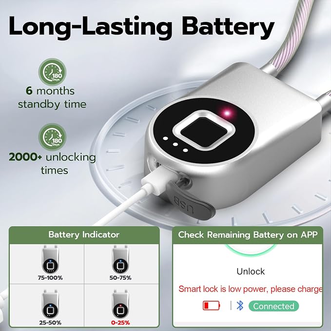 eLinkSmart Fingerprint Padlock, Fingerprint Cable Lock with Bluetooth APP Contral, 15'' Waterproof Keyless Smart Cable Lock Heavy Duty Anti Theft for Bike, Outdoor, Fridge, Gate, Fence, Silver