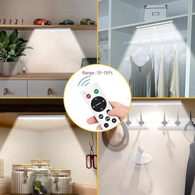 Diomart Under Cabinet Lighting with Remote, 3 Color Temps,4 Pcs | Wireless Rechargeable, 20-LED Dimmable, 10 Level Brightness, Magnetic Stick-on Anywhere, Touch Night Light Kitchen, Wardrobe