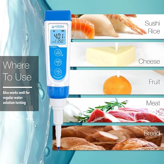 Apera Instruments Premium-Series PH60S Food pH Pocket Tester Kit, Swiss Spear pH Electrode, ±0.01 pH Accuracy, -2.00-16.00 pH Range (AI313)