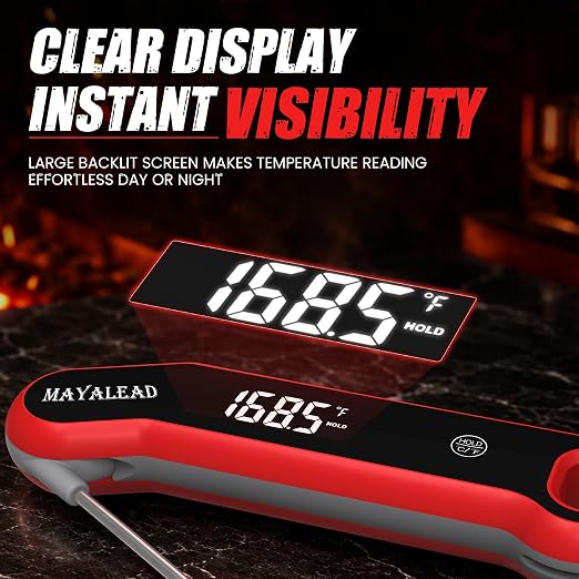 0.5 Sec Instant Read Meat Thermometer Digital Food Thermometer for Cooking Precise ±0.3℃, Magnet Store, Large Bright LED Display IP67 Waterproof BBQ Thermometer for Grill, Oven & Kitchen (Red)