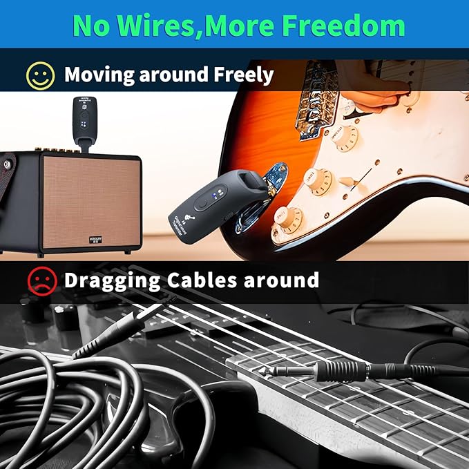 A9 Wireless Guitar System 2.4GHz Built-in Rechargeable Lithium Battery 270°Rotate Audio Wireless Transmitter Receiver for Guitar Bass Violin Keyboard Electric Instruments (IK-L0AM-OVFE)