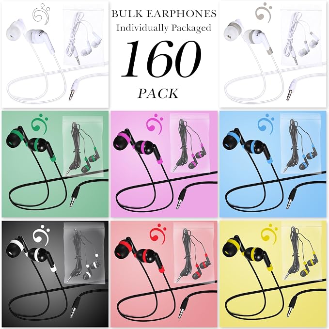 Konohan 160 Packs Bulk Earbuds with Wire Earphones Classroom Wired Headphones for Students Headphones Individually Bagged, 8 Colors Ear Buds Bulk for Classroom School Library(Solid Color)