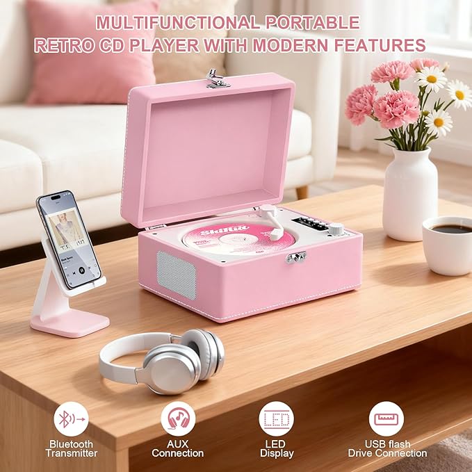 CD Player Portable Bluetooth, Pink CD Player Leather for Home Music Player, Rechargeable Battery & Built-in Speakers, USB & AUX Playback, Vintage CD Stereo for Home Decor Gift(Light Pink)