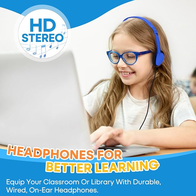 Kids Headphones Bulk 100 Pack for School Classroom Student Children Toddler Boys Girls Teen and Adults, Wholesale Wired Computer Earphones Class Set for Library Museums Airplane (HY857,100 Blue)
