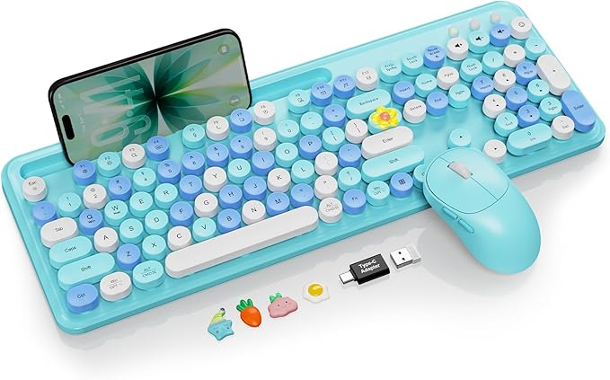 Wireless Keyboard and Mouse Combo, Retro Round Keycaps, Full-Size Cute Typewriter Keyboard with Large Phone/Tablet Holder, Auto-Sleep, 2.4GHz Cordless for Windows/PC/Laptop, Trueque CK13 (Sky Blue)