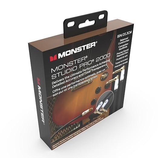 Monster Prolink Studio Pro 2000 Instrument Cable, 8 in Straight to Straight Guitar Cable Cord, 95% Copper Braided Shielding, Duraflex Jacket, 24k Gold Contact TS Connectors